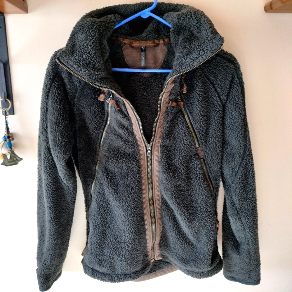 Kuhl Flight Jacket Womens Small Brown Sherpa Zip Faux Leather Hooded